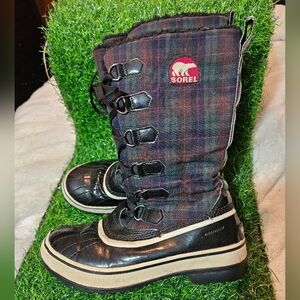 SOREL Women’s Trivoli Tall Lace Up Fleece Lined Blue Plaid Winter Boots Size 6